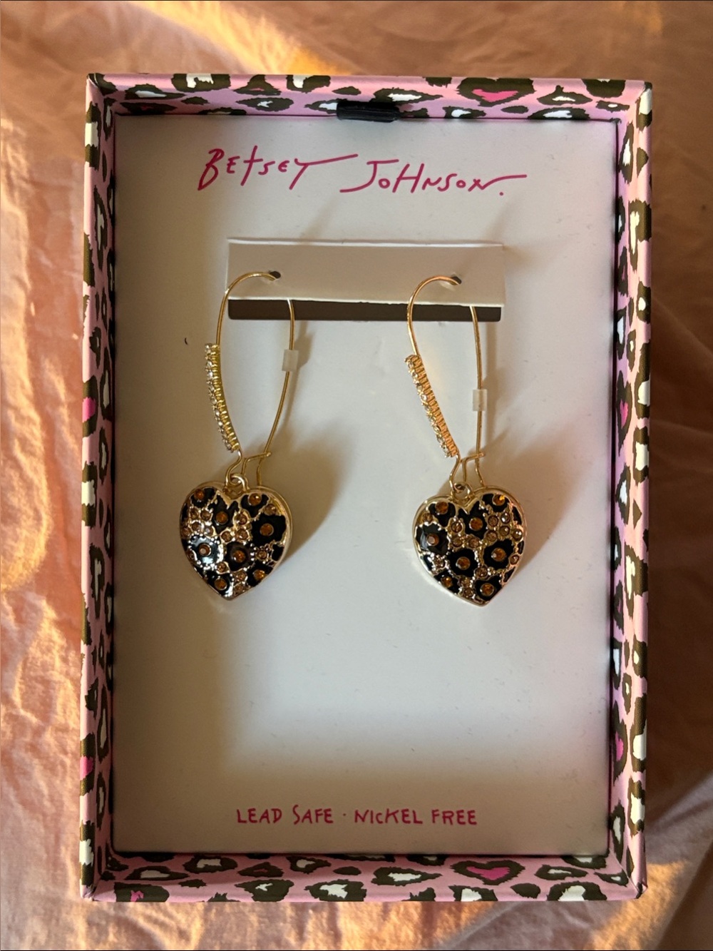 Betsey Johnson Gold Heart Earrings with Black Leopard Print